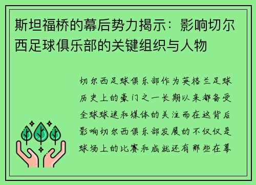 斯坦福桥的幕后势力揭示：影响切尔西足球俱乐部的关键组织与人物