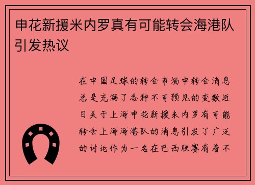 申花新援米内罗真有可能转会海港队引发热议