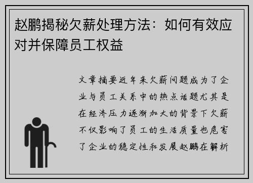 赵鹏揭秘欠薪处理方法：如何有效应对并保障员工权益